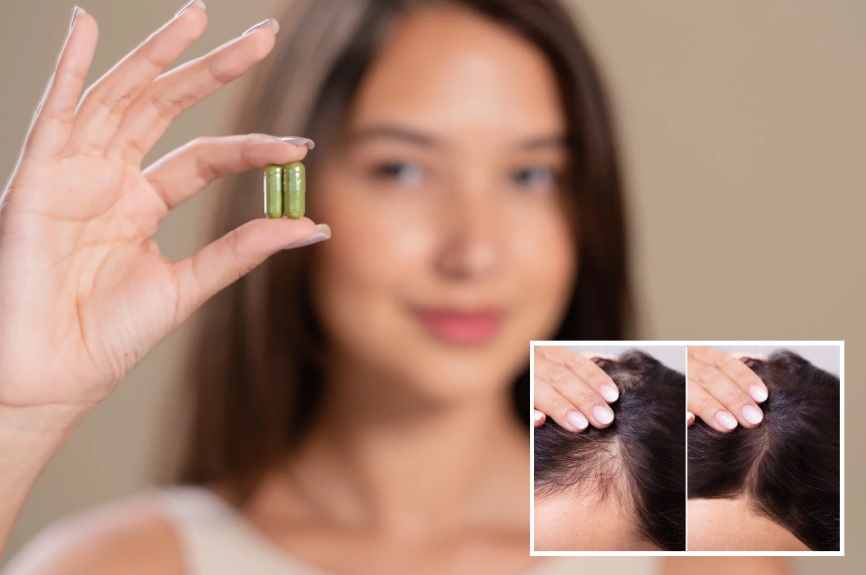 woman with hair loss holding supplement capsules 