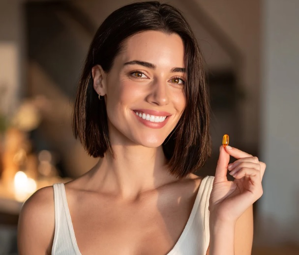 woman with nice hair smiling, holding a supplement 
