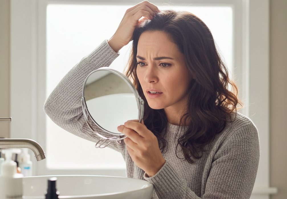 Woman looking in the mirror, worried about her thinning hair 