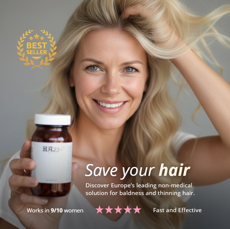 woman with happy with great hair holding HR23+ hair supplement 