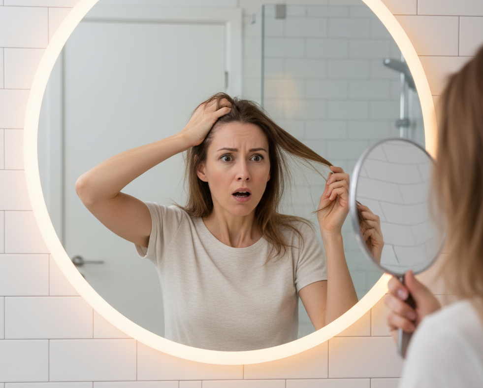 woman looking scared in the mirror, holding her thinning hair. 