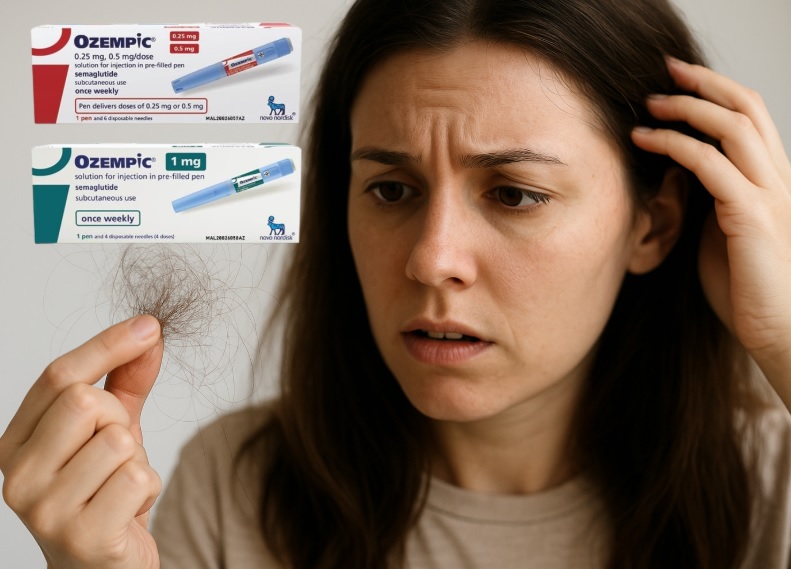 woman wit thinning hair next to Ozempic box