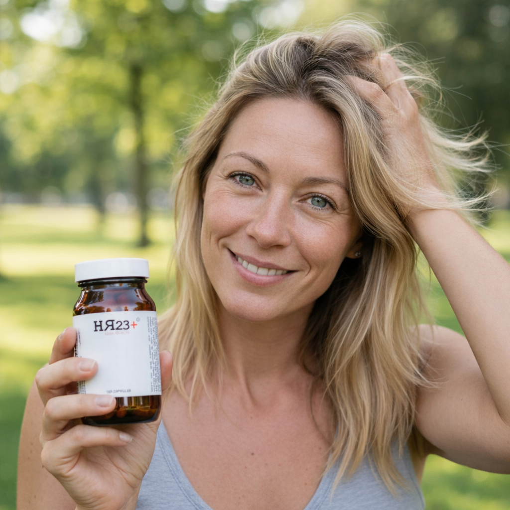 woman with menopause hair loss holding a jar of HR23+ hair growth supplement 
