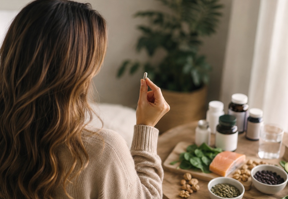 woman holding capsules with supplements on the table