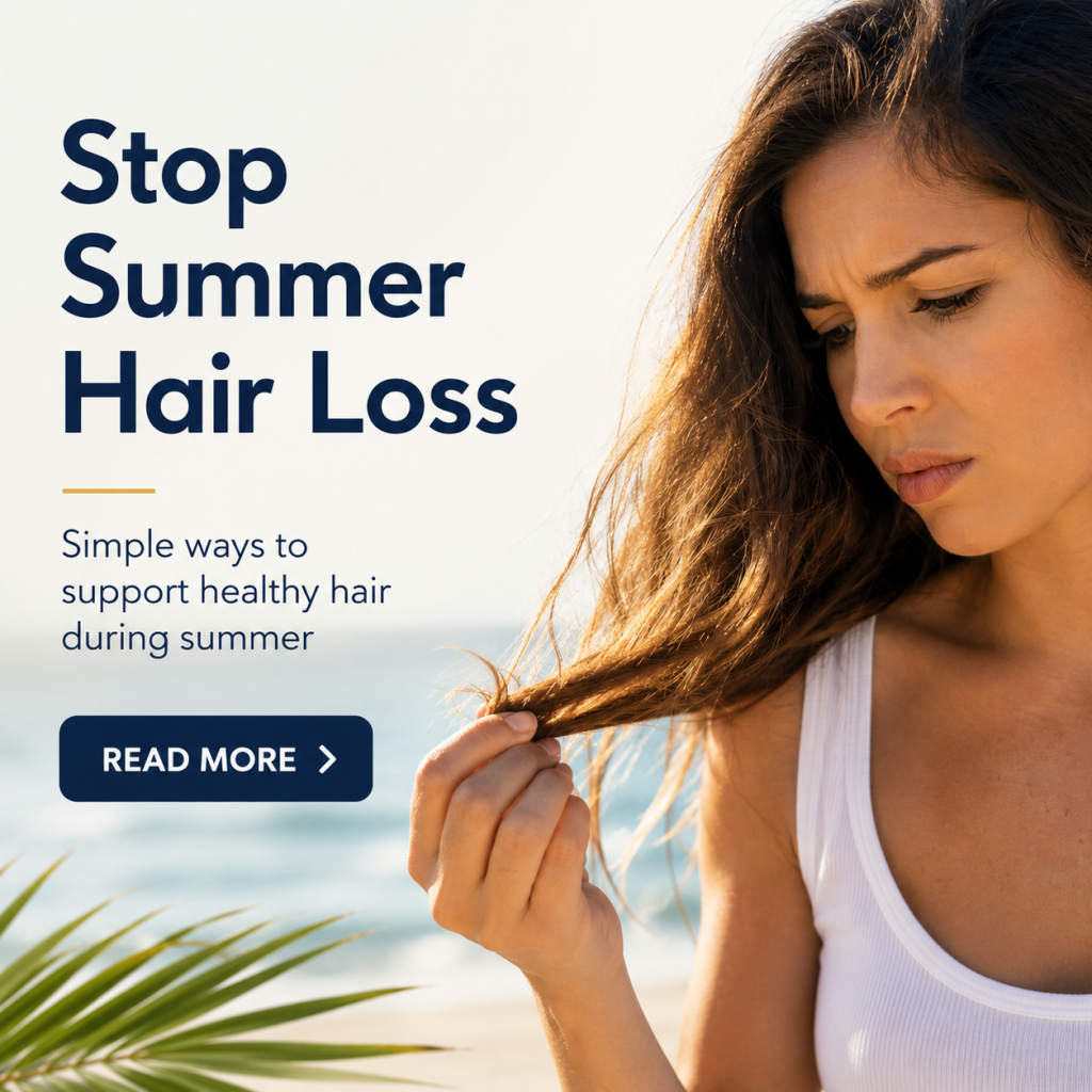 A woman holding her strands in the sunshine, looking worried about hair loss