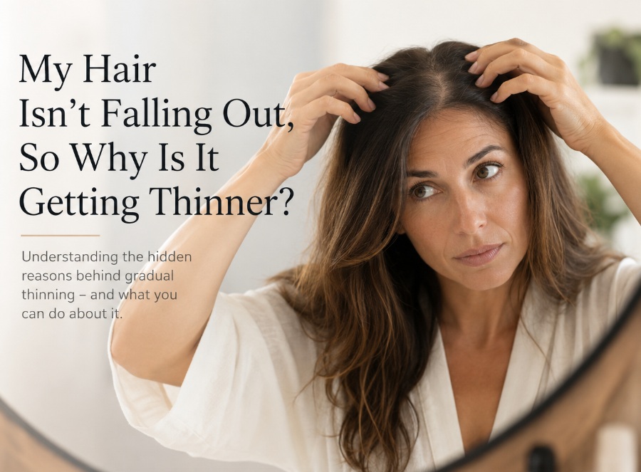 Woman checking her scalp for signs of gradual hair thinning