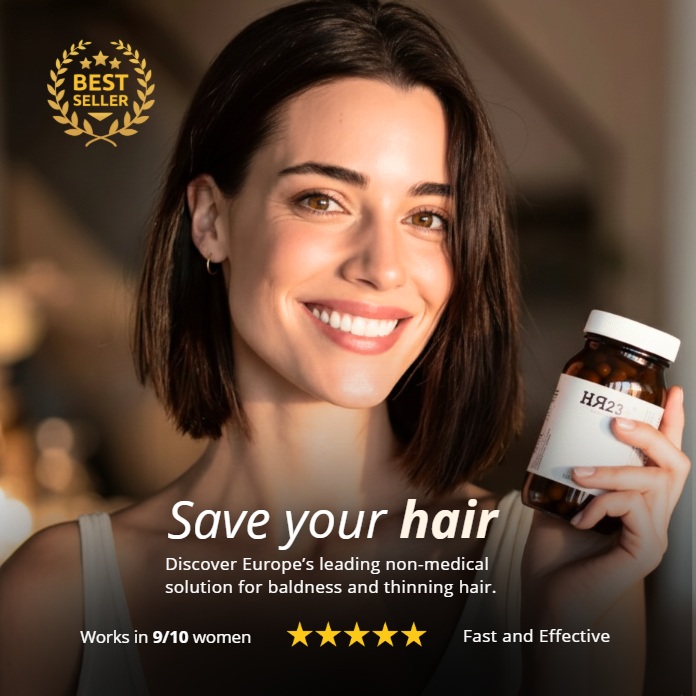woman holding HR23+ hair restoration supplement. Hair loss solutions.