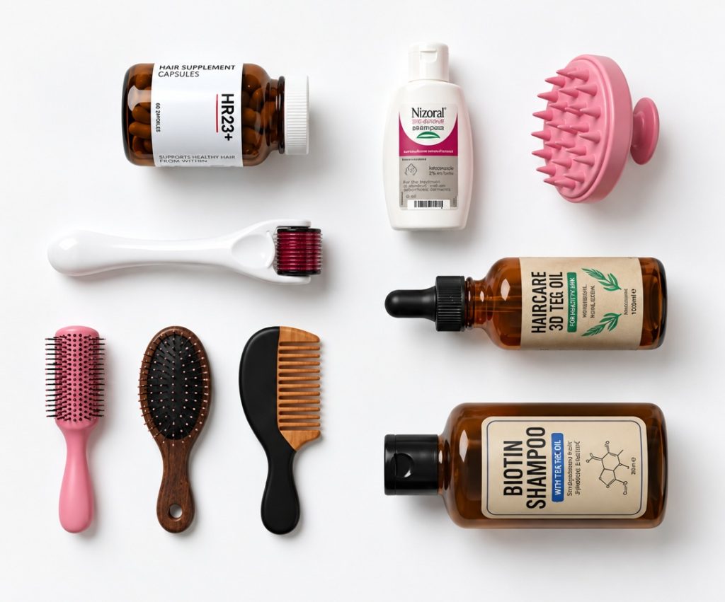 Female hair loss survival kit with HR23+, Nizoral, microneedling roller, scalp massager, rosemary oil serum and biotin shampoo
