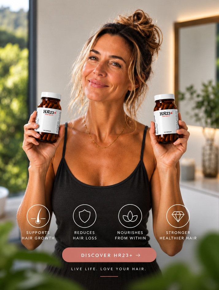 woman holding two bottles of HR23+ hair supplement