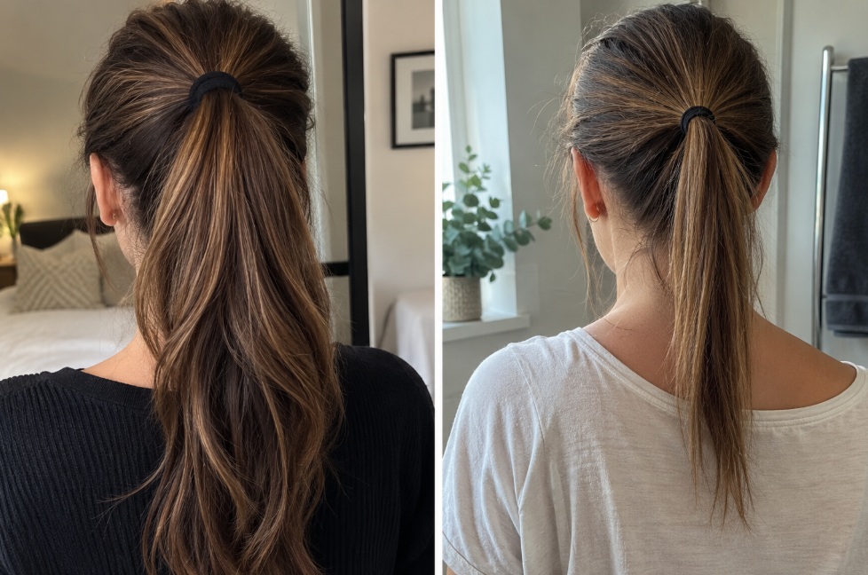Woman comparing a fuller ponytail with a noticeably thinner ponytail as hair density decreases