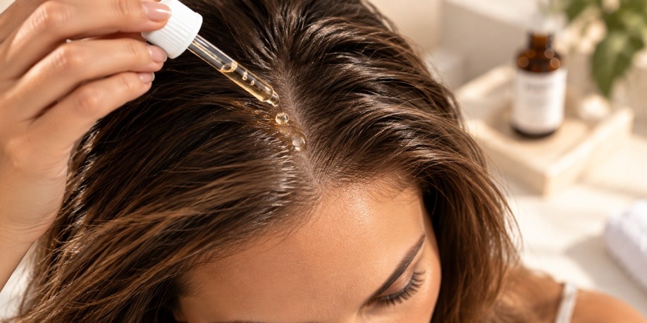 woman applying copper peptides serum onto her scalp 