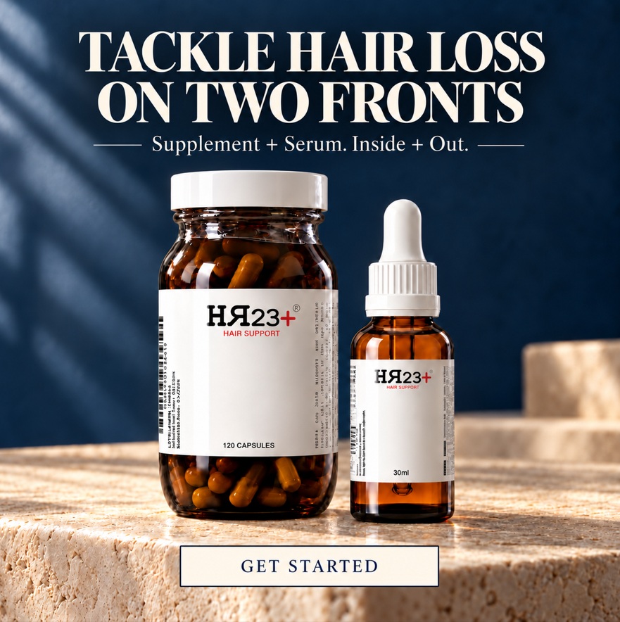 HR23+ hair supplement and hair serum for hair loss treatment